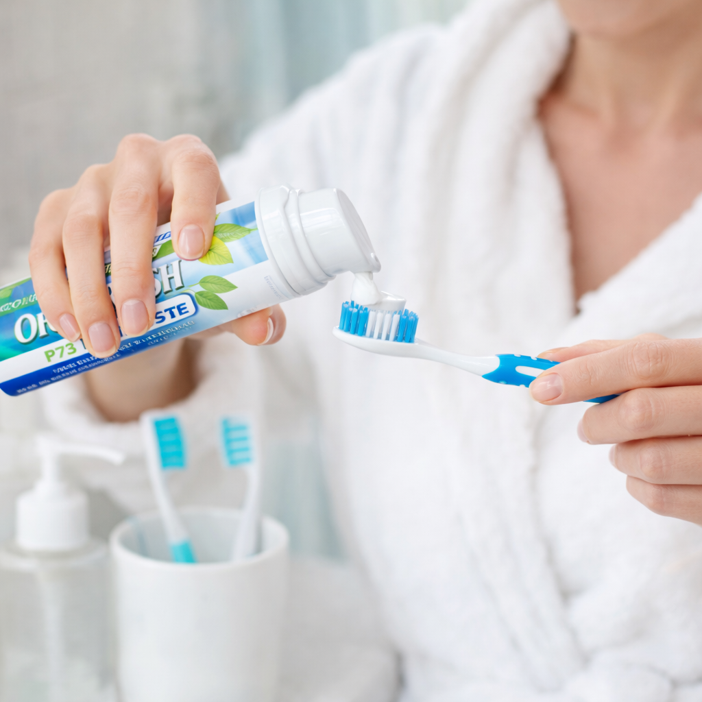 Woman applying OregaFRESH toothpaste to a toothbrush in a bright bathroom.
